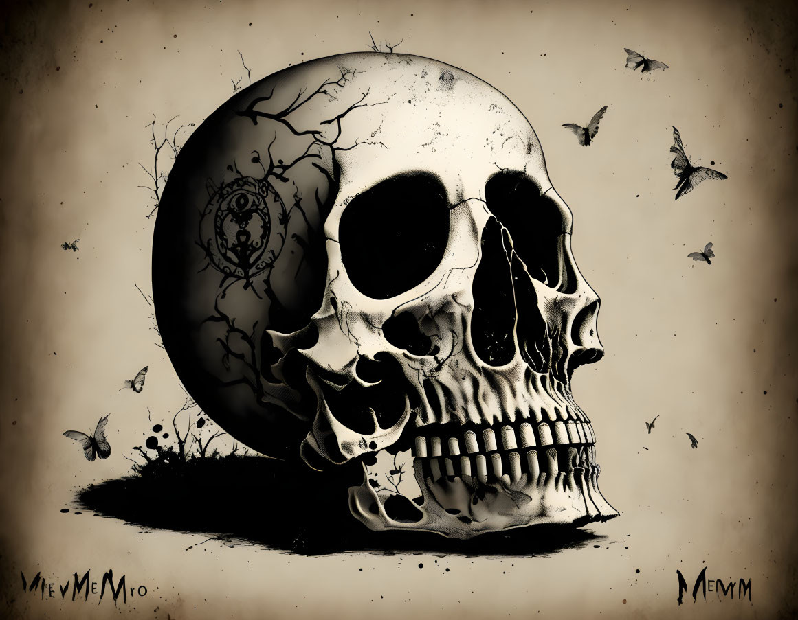 Monochrome human skull with snail shell and butterflies on grunge background