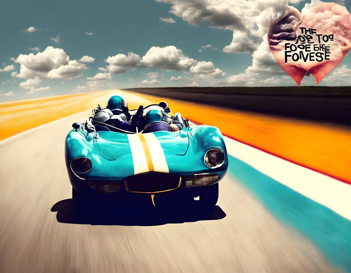 Vintage Blue Convertible Car on Vibrant Road with Floating Text Bubbles