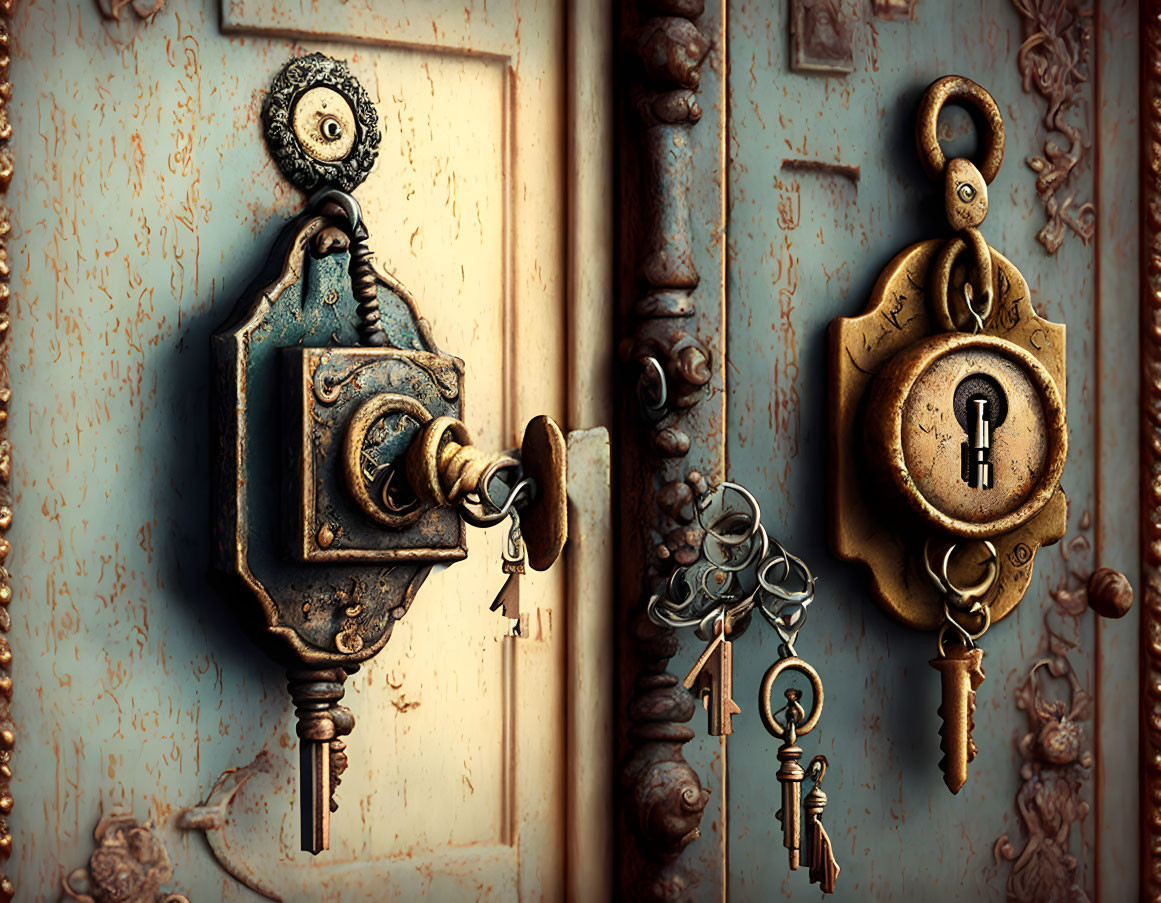 Vintage lock and key set on weathered blue doors with ornate details