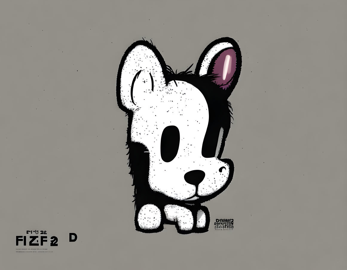 Black and white cartoon puppy illustration with large eyes and pink inner ear