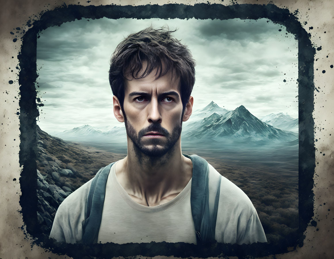 Intense bearded man in t-shirt and backpack against mountainous backdrop.