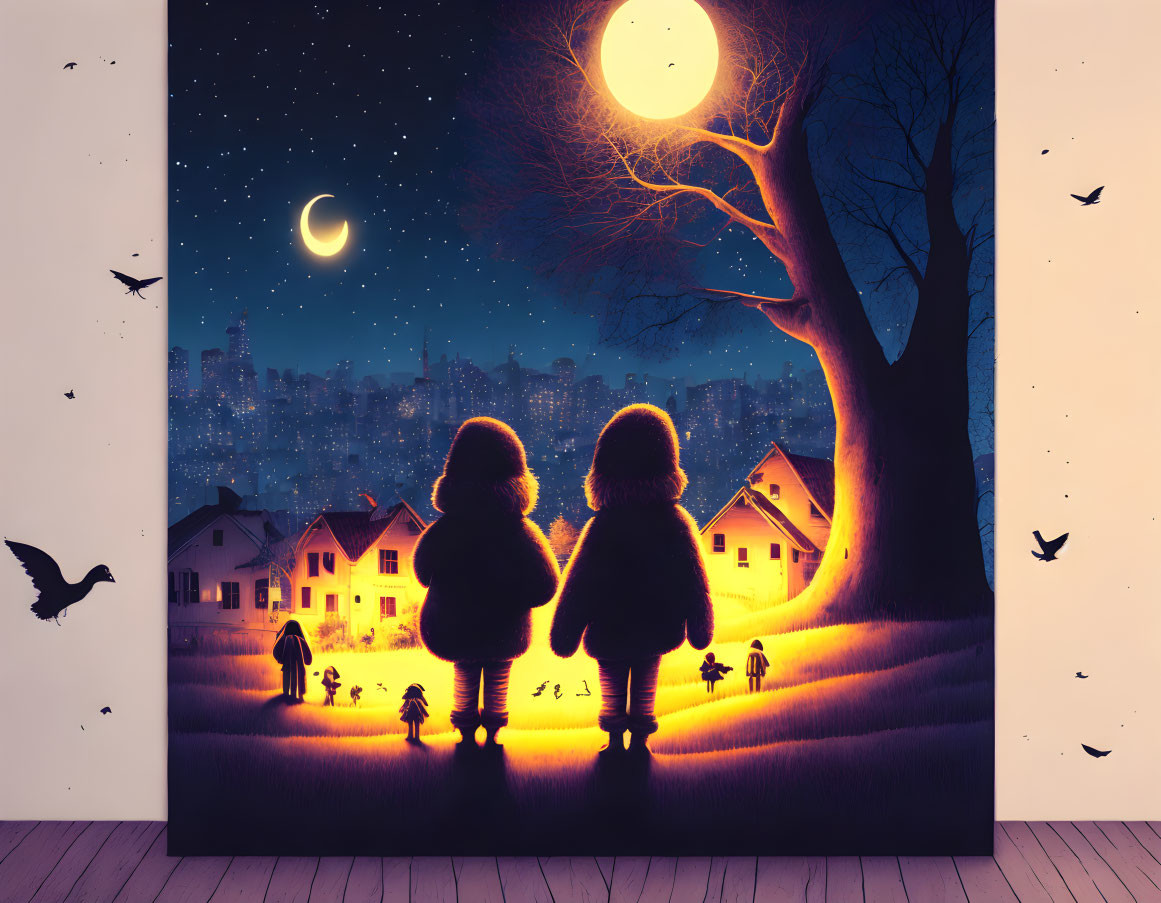 Children under starry sky with whimsical cityscape and glowing houses embraced by tree