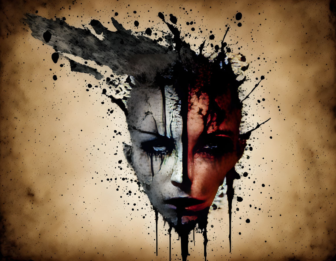 Abstract black and white splattered face portrait on sepia background