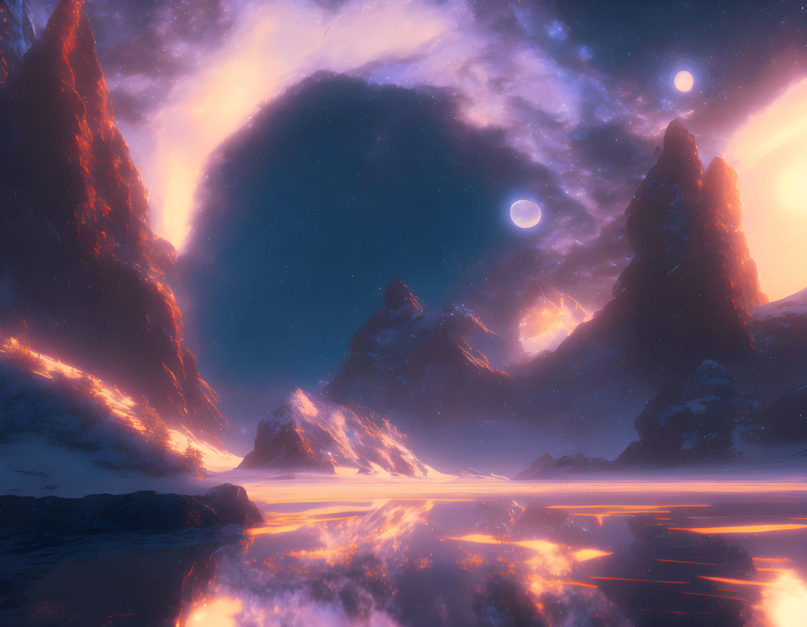 Surreal Landscape: Glowing Reflections, Majestic Mountains, Two Moons