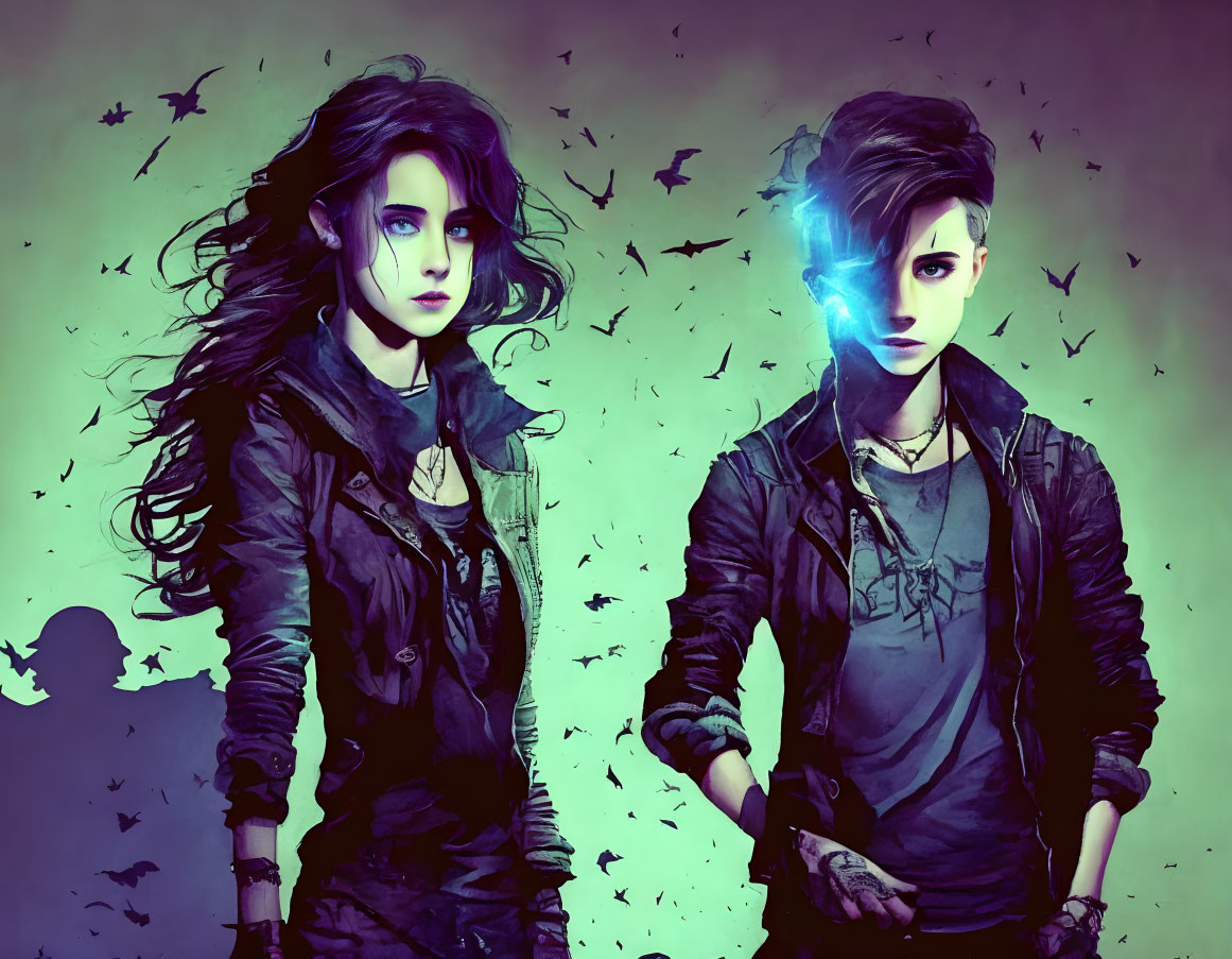 Stylized female characters with supernatural auras and flying crows