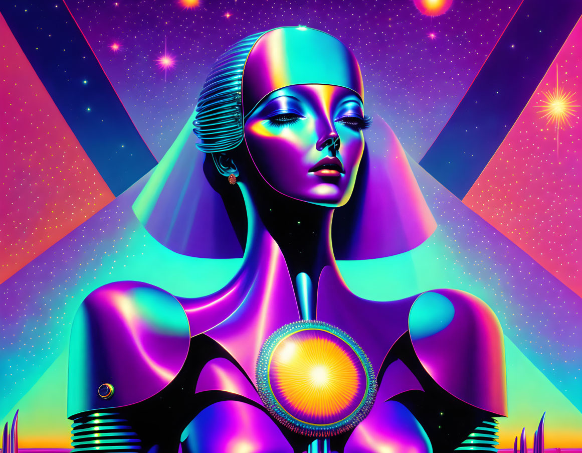 Colorful digital art featuring futuristic female figure on geometric background