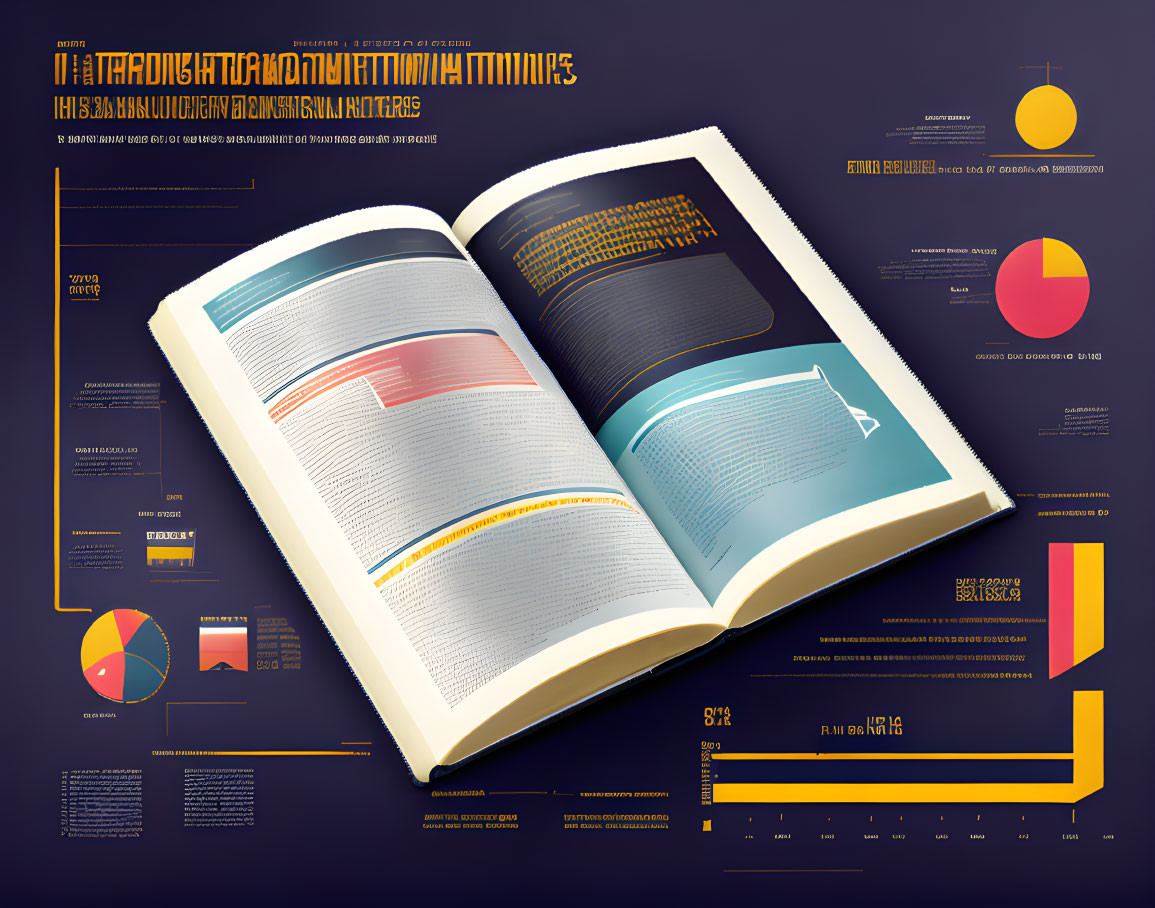 Colorful Infographic Elements in Open Book with Data Visualizations