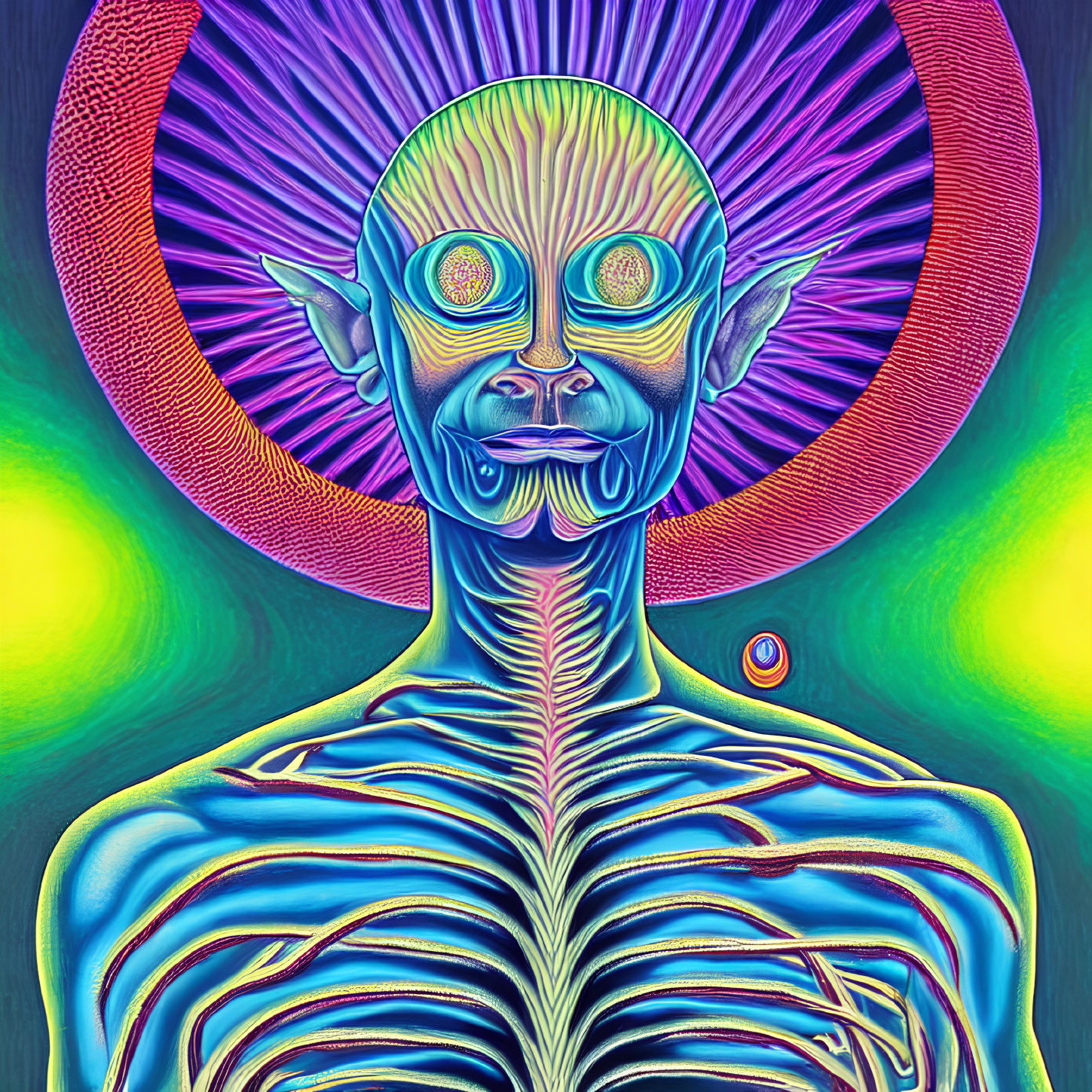 Colorful Psychedelic Alien Portrait with Radiant Background