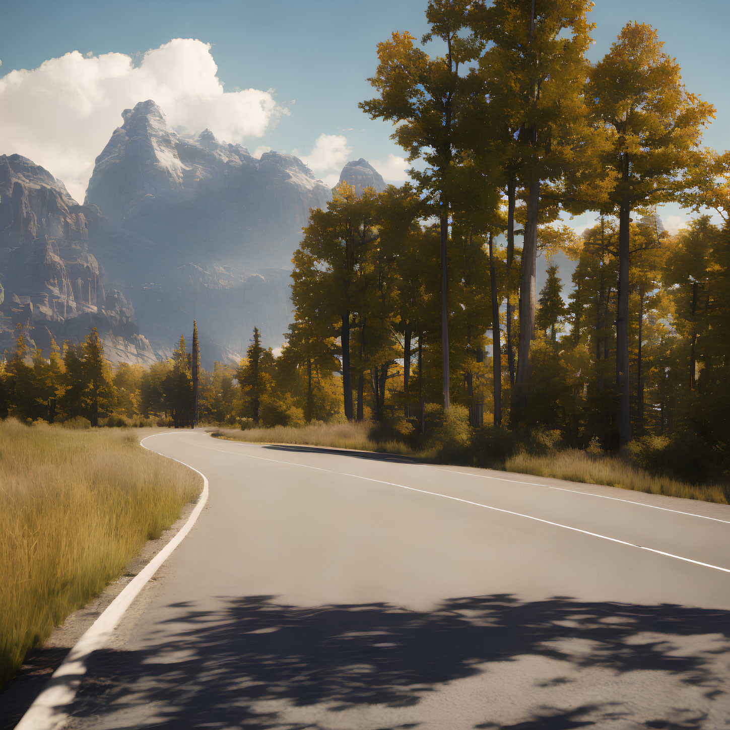 Scenic autumn forest road with mountains and blue sky