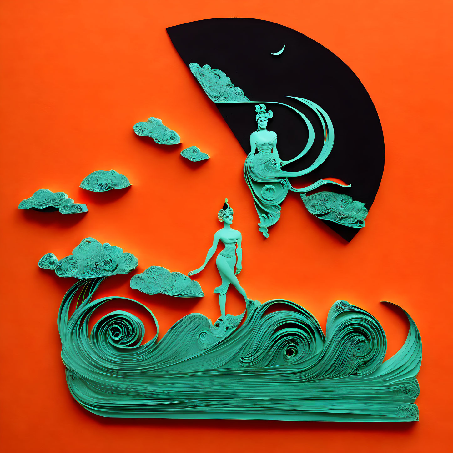 Colorful 3D art: Female figure on water patterns, abstract clouds, crescent moon,