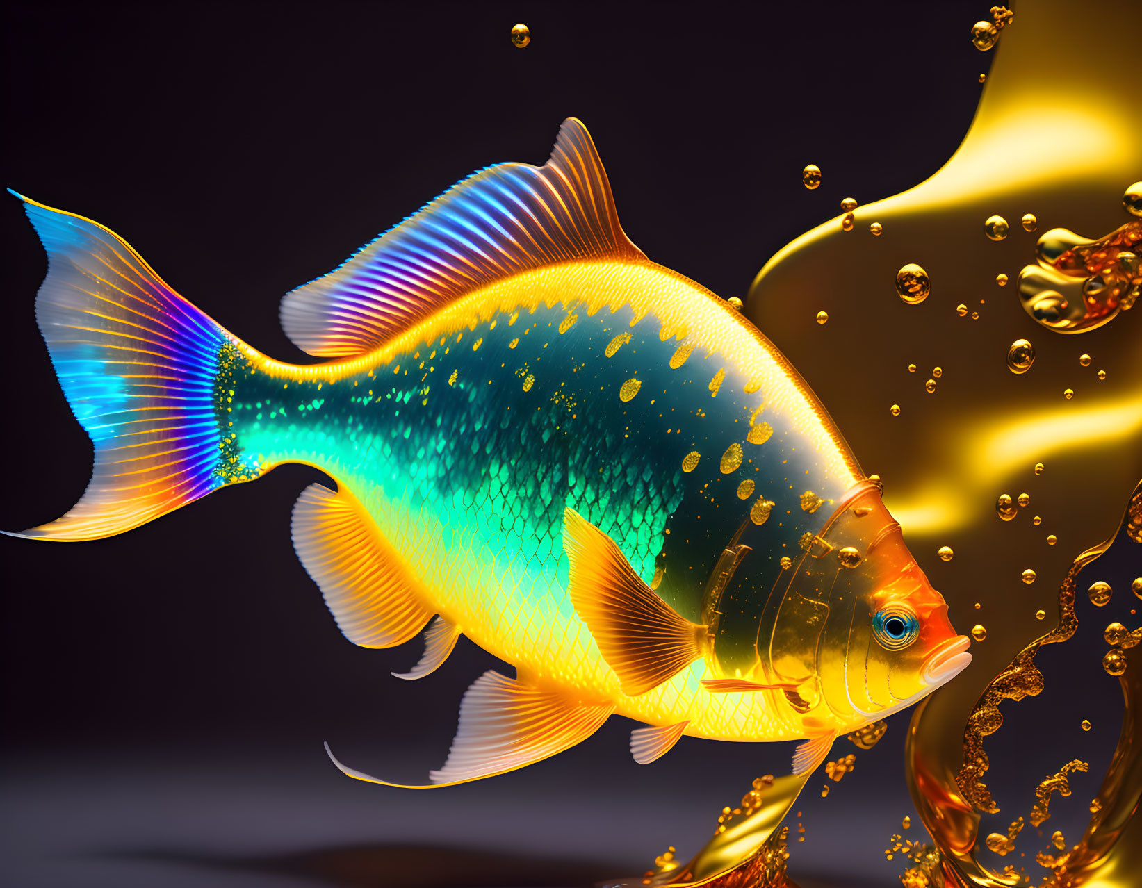 Colorful digital art: Golden fish swimming in liquid with bubbles on dark background