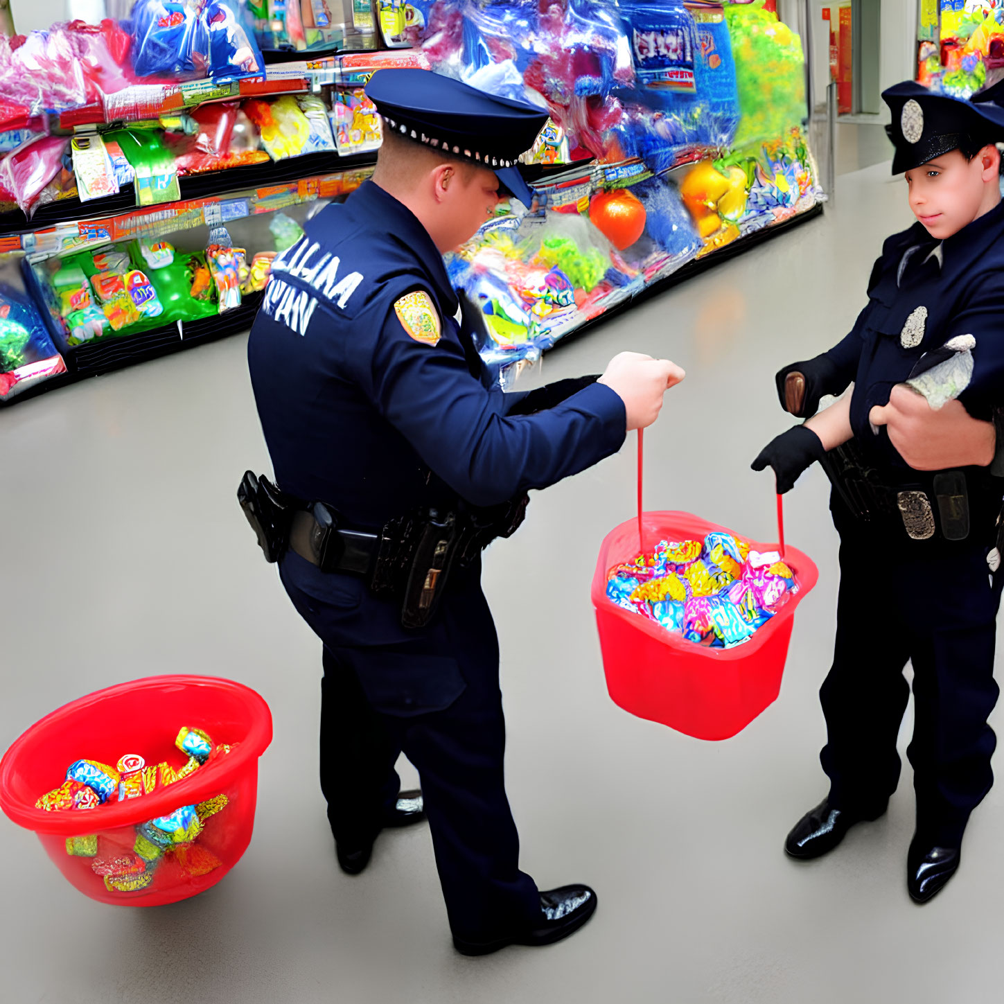 Children in police officer costumes exploring candy store aisle