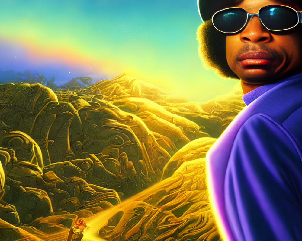 Person in Purple Jacket and Sunglasses with Monkey in Otherworldly Landscape