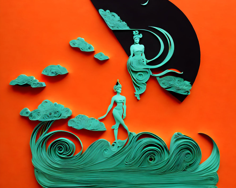 Colorful 3D art: Female figure on water patterns, abstract clouds, crescent moon,