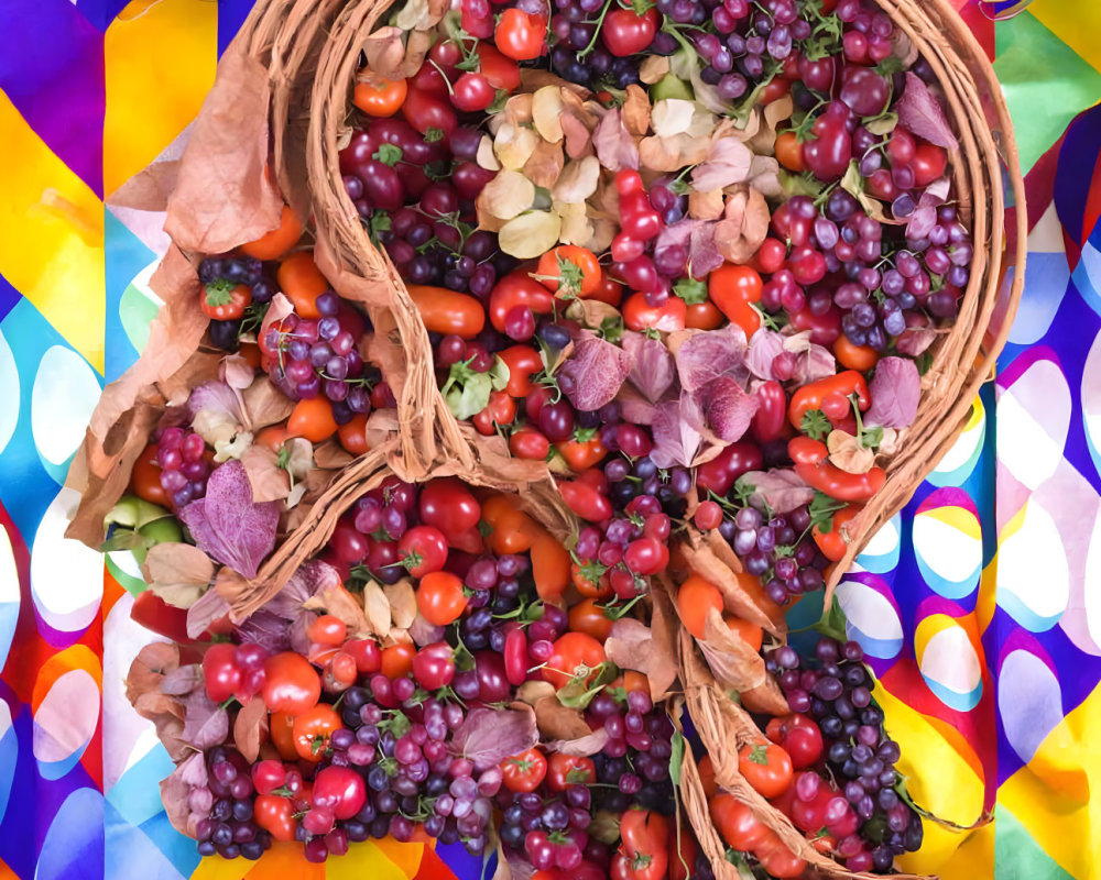 Colorful Fruits and Leaves in Wicker Basket on Geometric Background