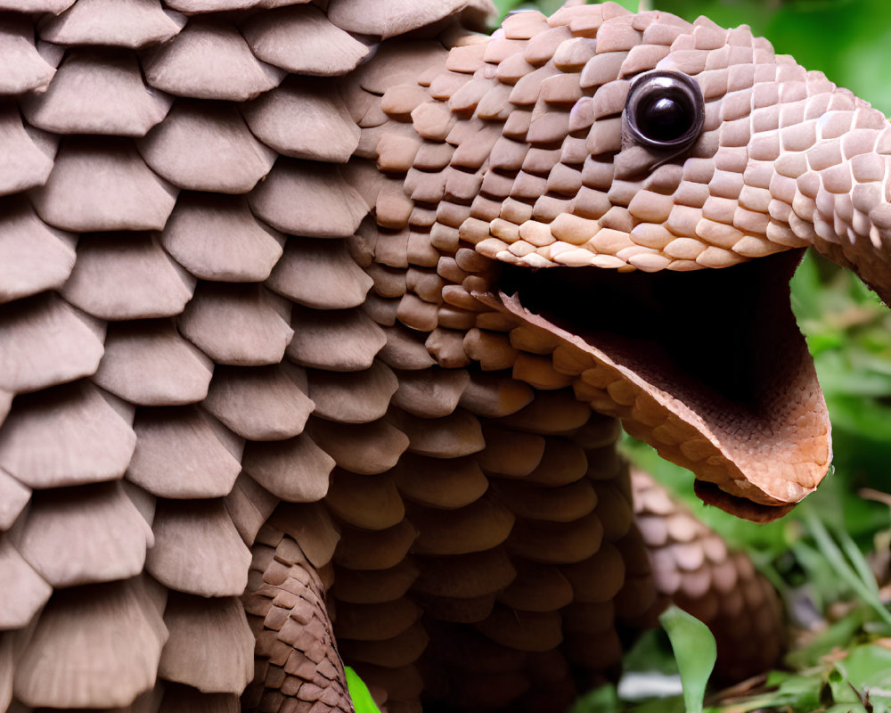 Detailed Pangolin Sculpture with Brown Scales and Open Mouth Among Greenery