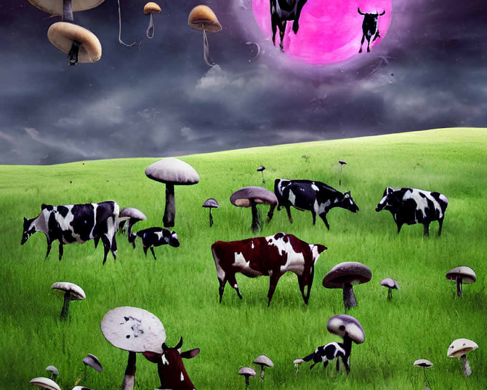 Surreal landscape with cows, mushrooms, and moon under purple-pink sky