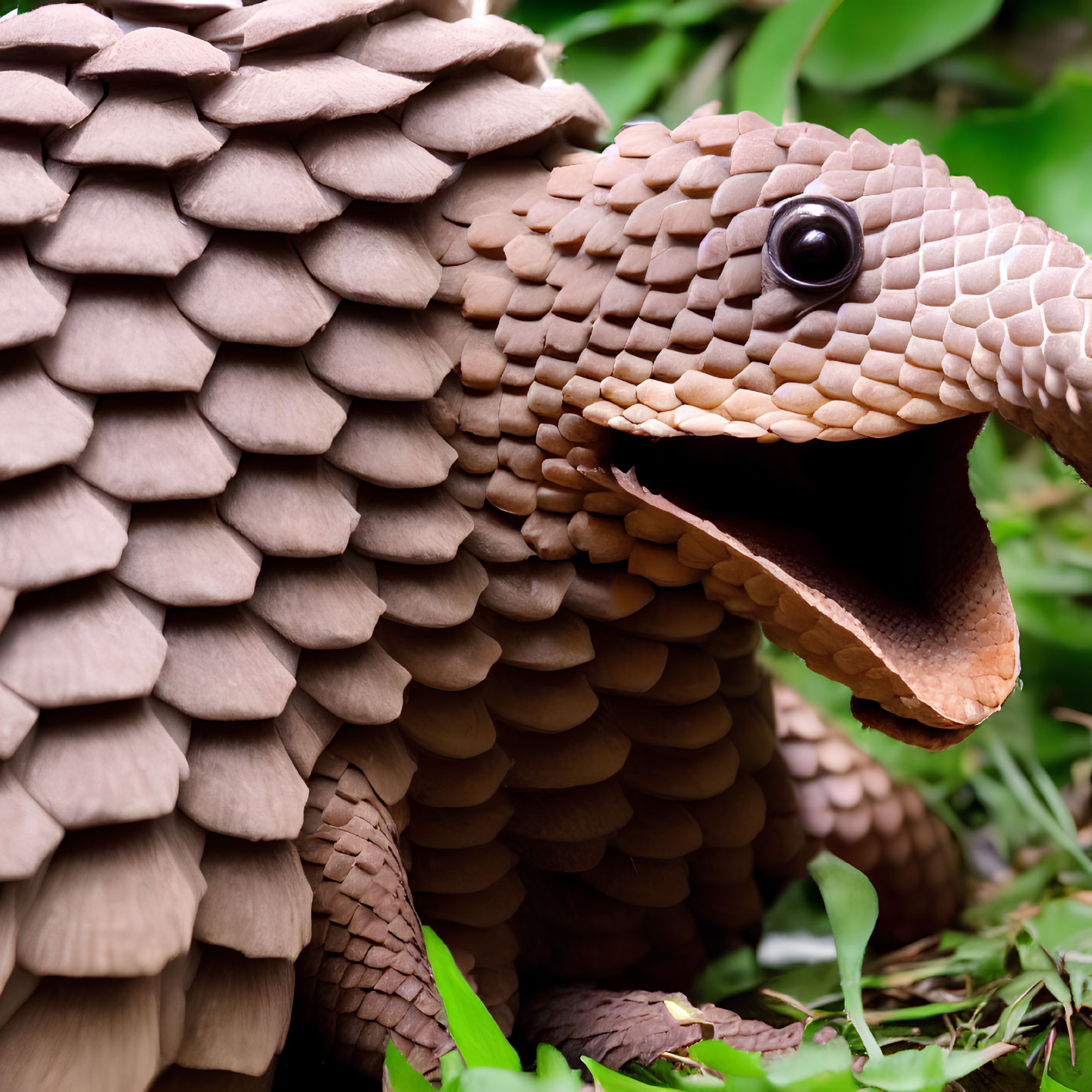 Detailed Pangolin Sculpture with Brown Scales and Open Mouth Among Greenery