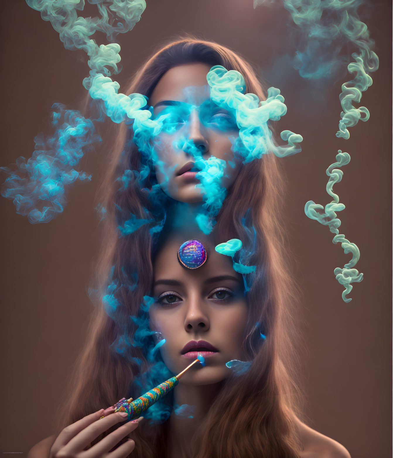 Flowing Hair Woman with Blue Smoke and Decorated Object in Surreal Portrait