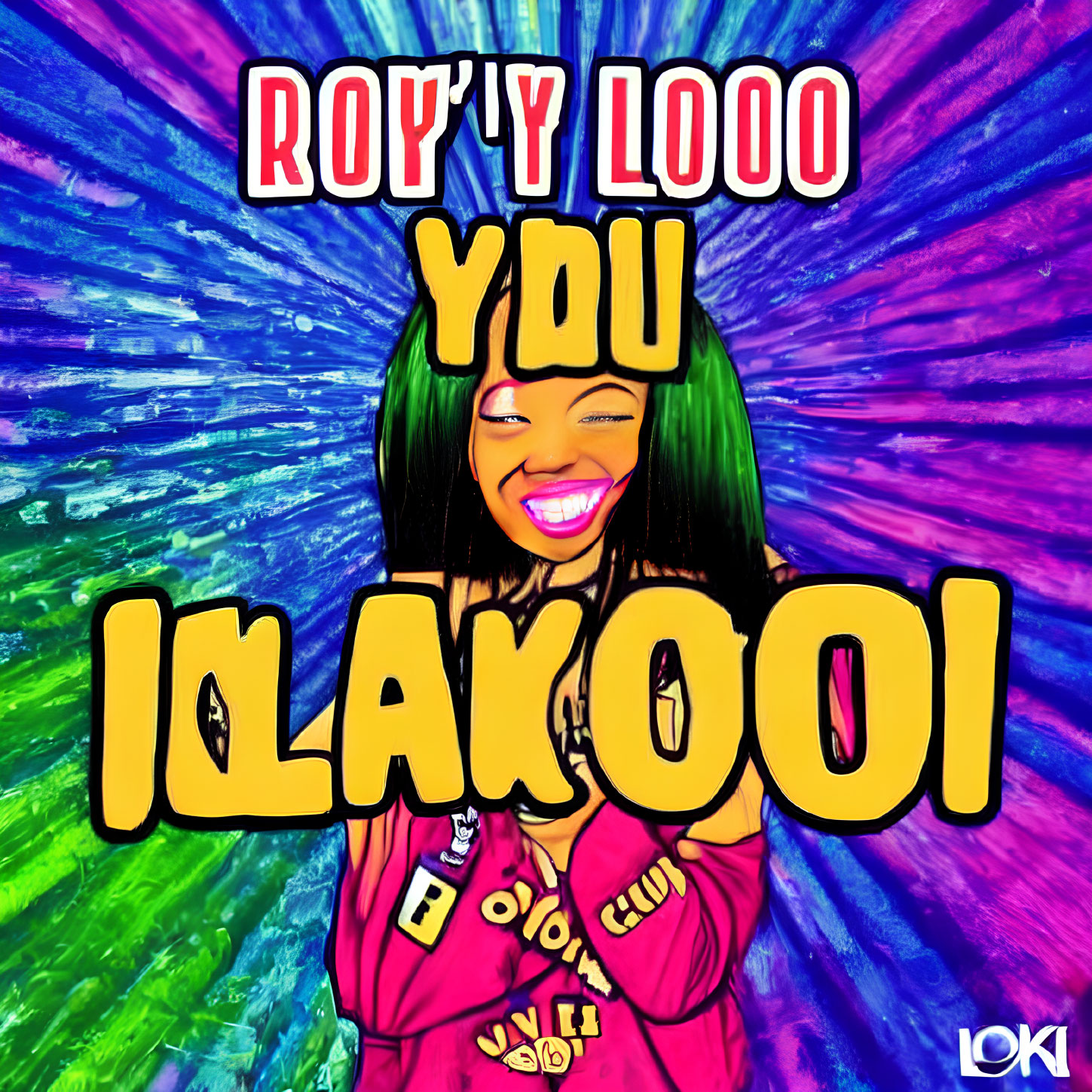 Colorful digital caricature of smiling woman with stylized text and "LOKI" logo