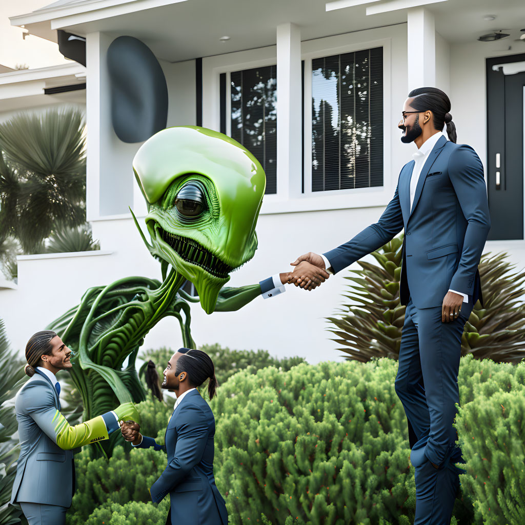 Man in suit shaking hands with green alien, dual version present