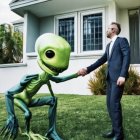 Man in suit shaking hands with green alien, dual version present