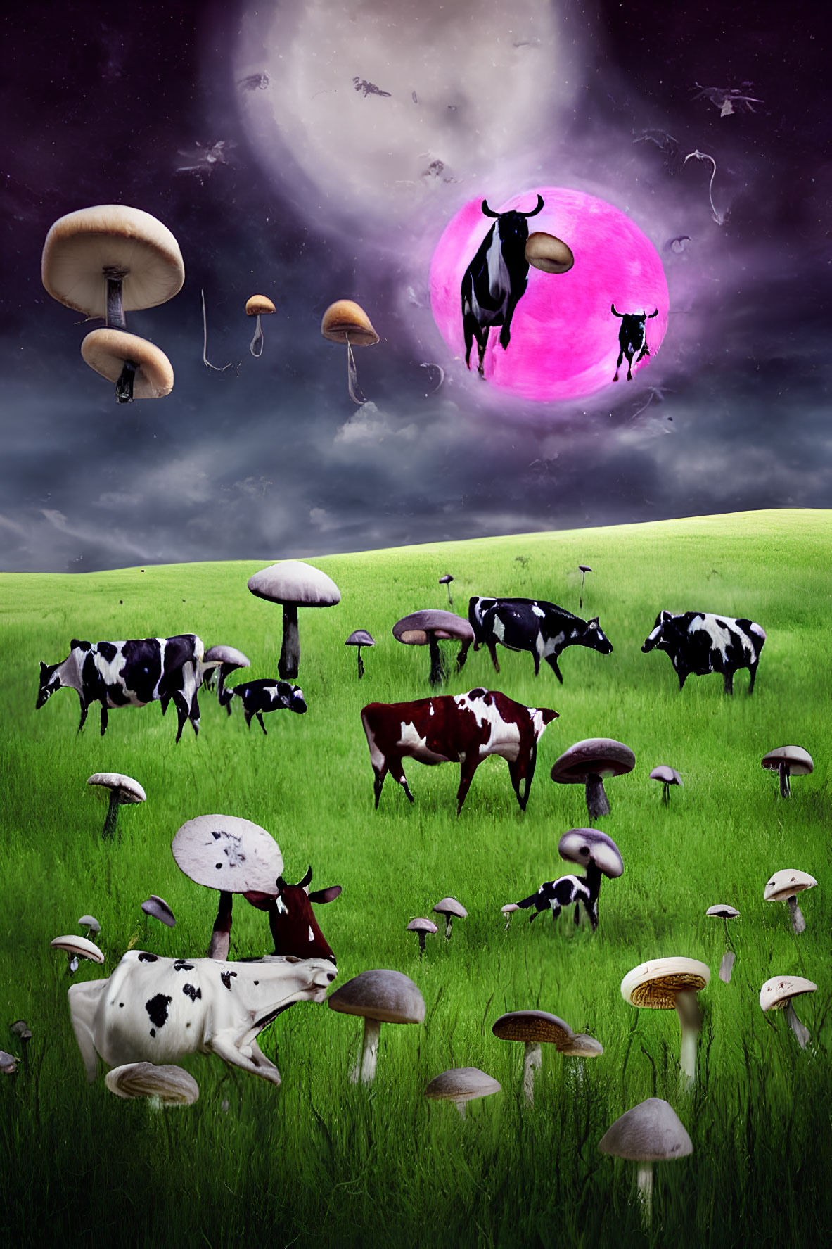 Surreal landscape with cows, mushrooms, and moon under purple-pink sky