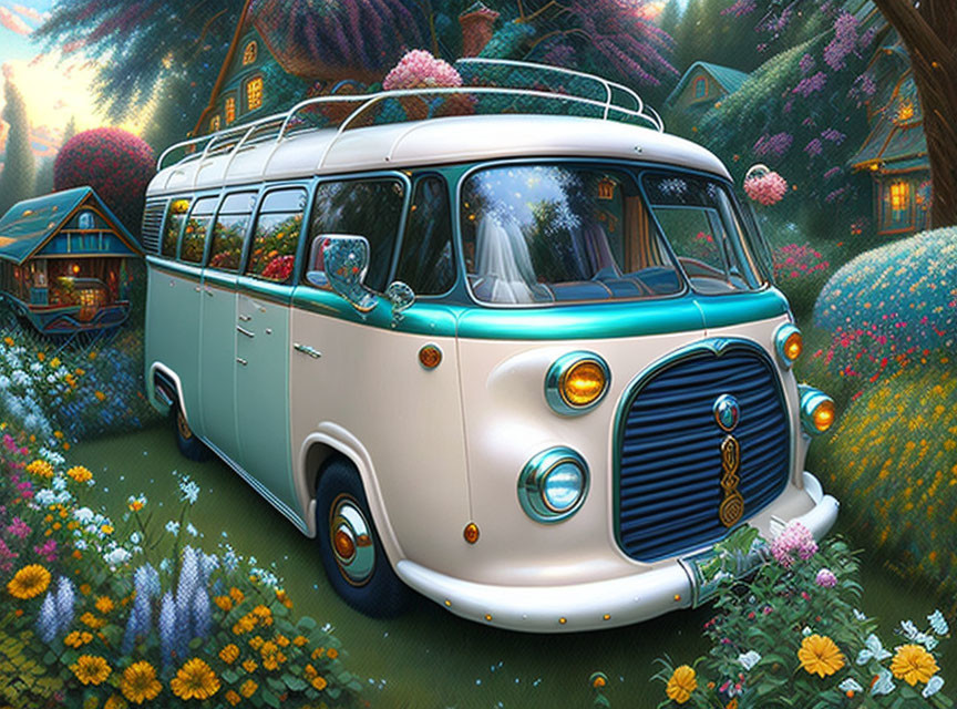 Vintage Blue and White Van in Vibrant Garden with Blooming Flowers