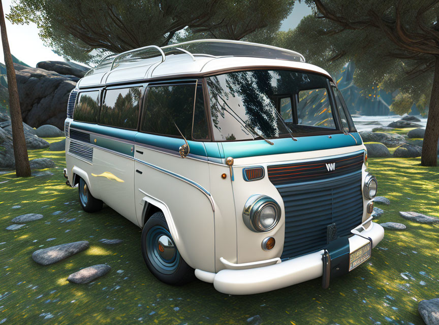 Vintage Van Parked in Tranquil Forest Clearing by Rocky Stream