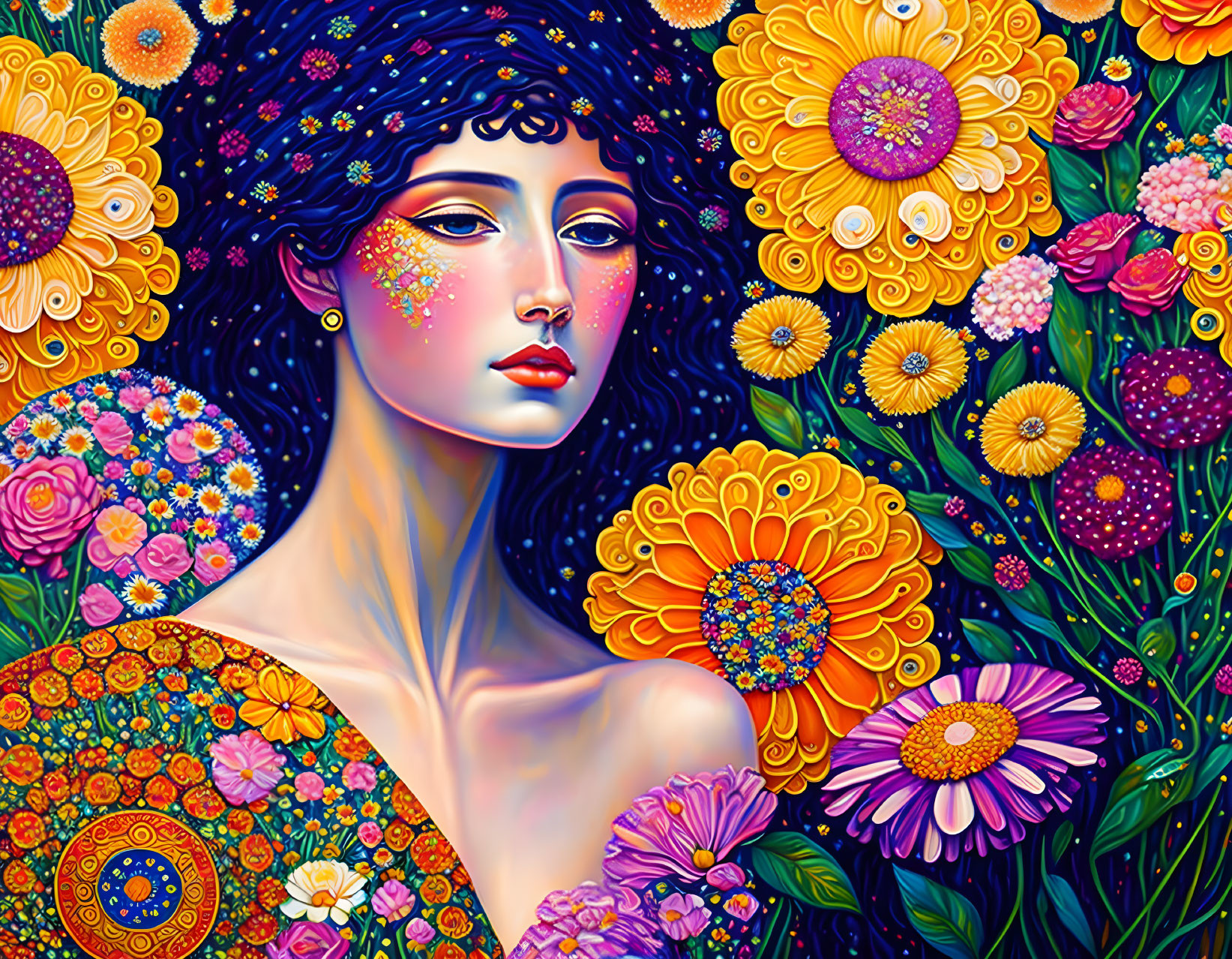 Vibrant illustration of woman with blue hair and stylized flowers.