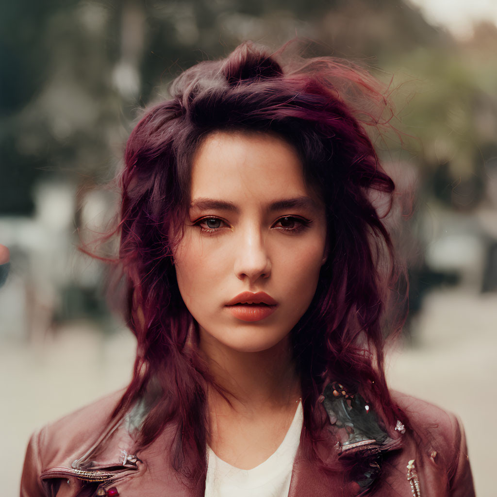 Young woman with wavy purple hair in brown leather jacket outdoors