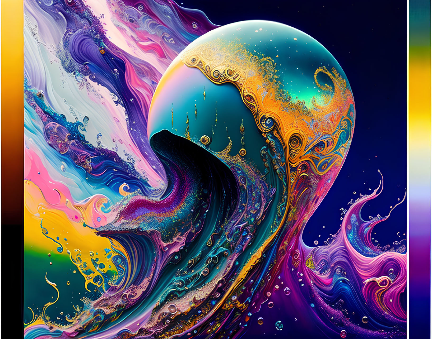 Colorful fractal wave art with iridescent hues and spherical design