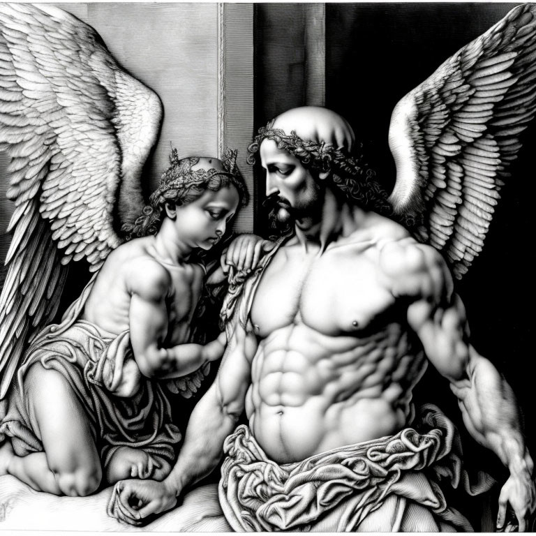 Monochrome depiction of angelic child and winged man in tender pose