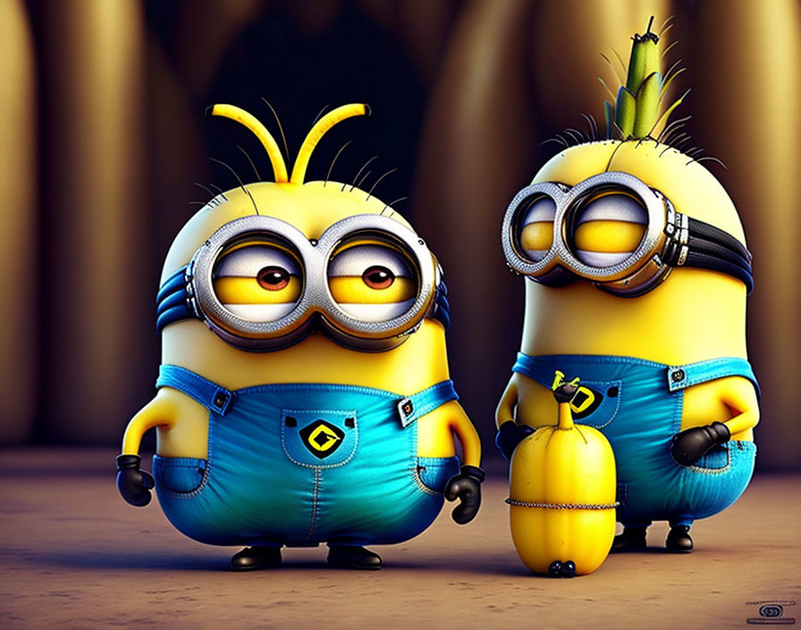 Two Minions with pineapple and banana in brown background