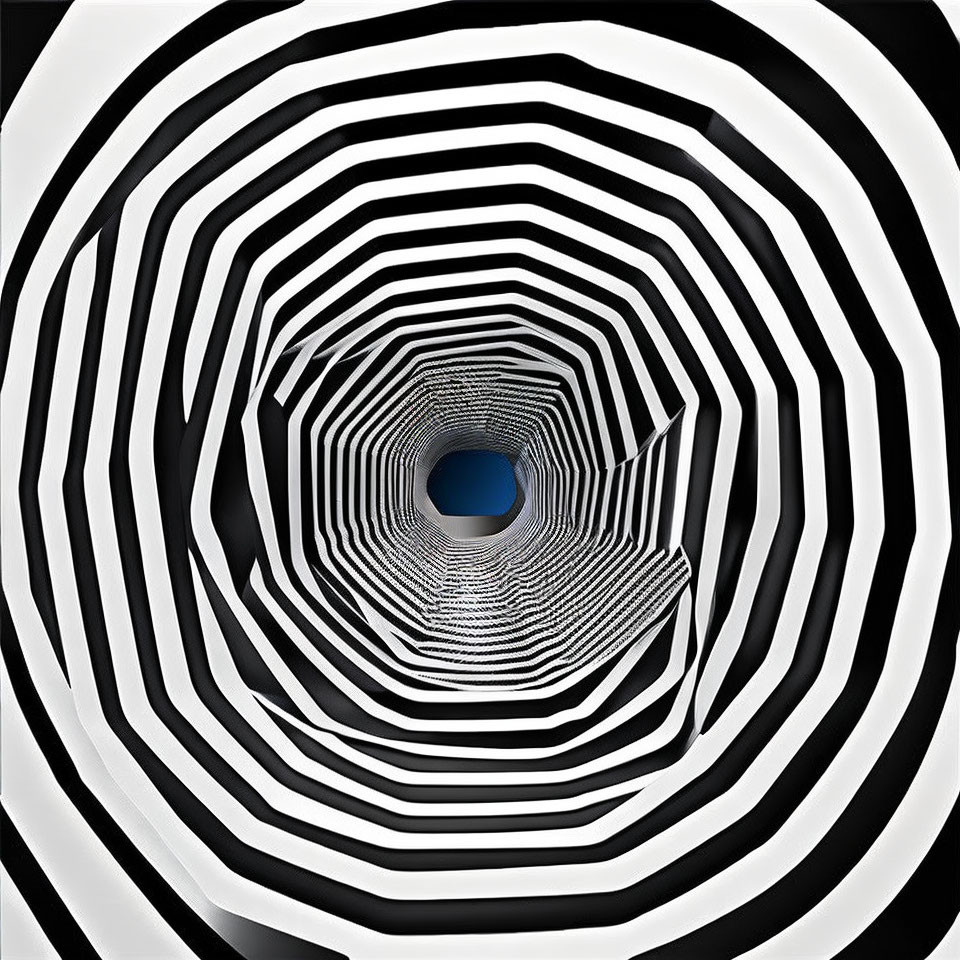 Monochrome abstract spiral pattern with blue circle illusion