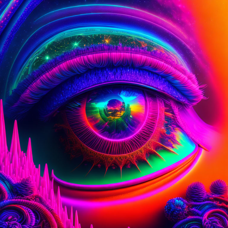 Colorful digital artwork of eye with neon lashes and fantastical landscape reflected in iris under cosmic sky