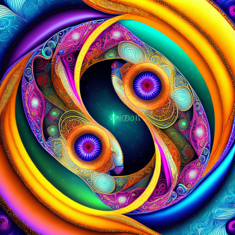 Colorful digital artwork of ornate yin-yang symbol with swirling patterns and cosmic backdrop