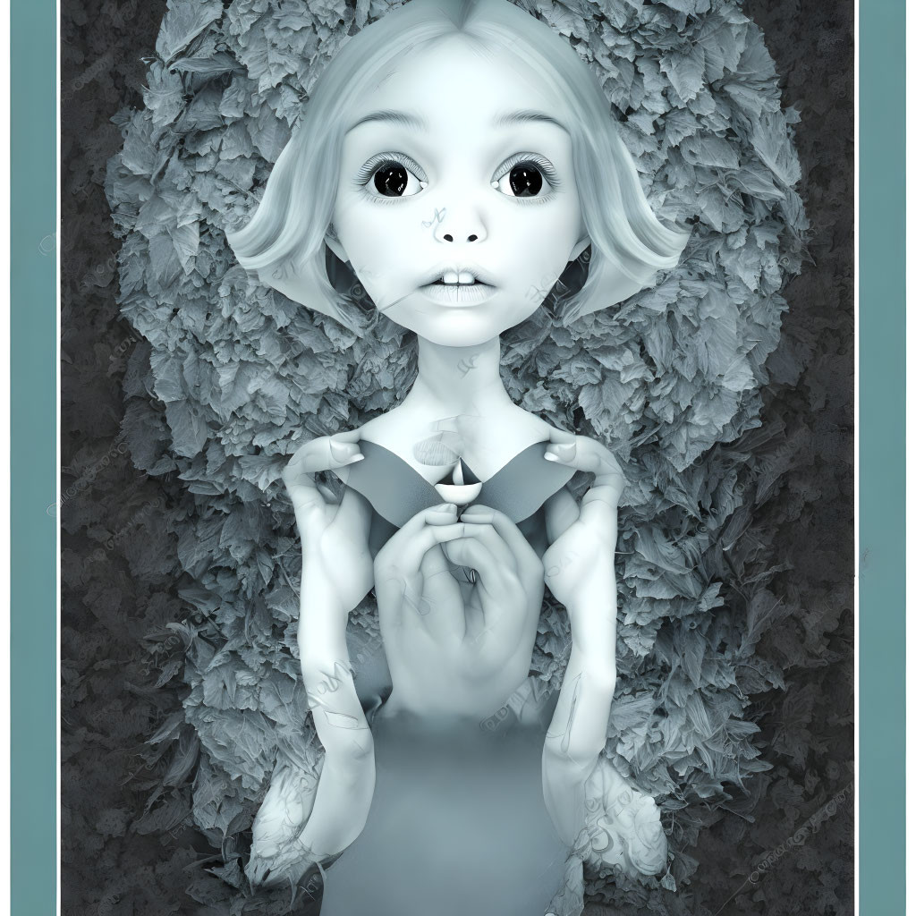 Greyscale stylized young girl with large eyes in leafy surroundings