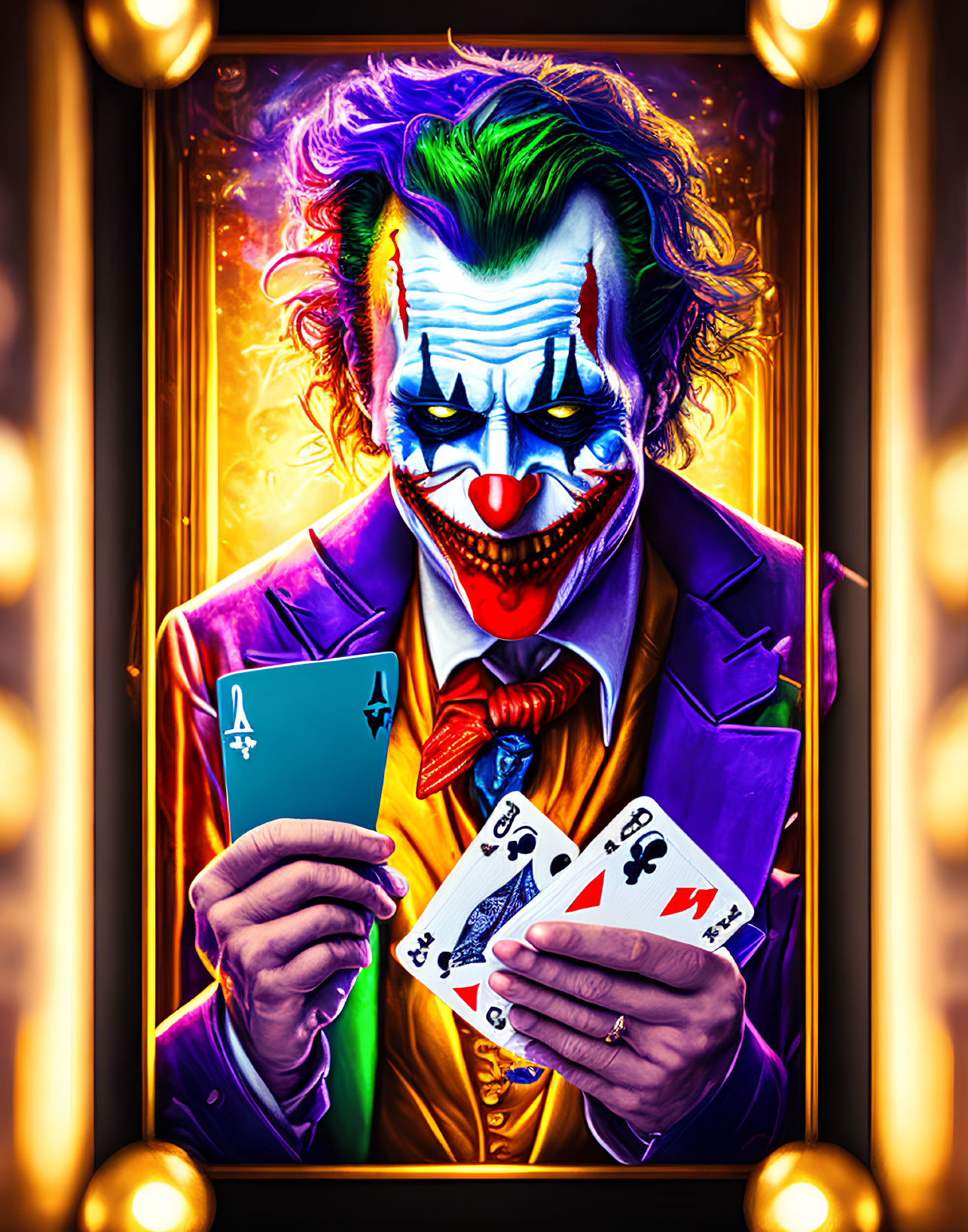 Colorful Clown Character with Green Hair and Playing Cards under Theater Lights