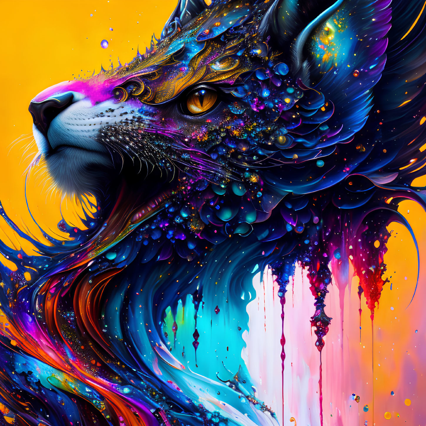 Colorful lion artwork with neon swirls on orange background