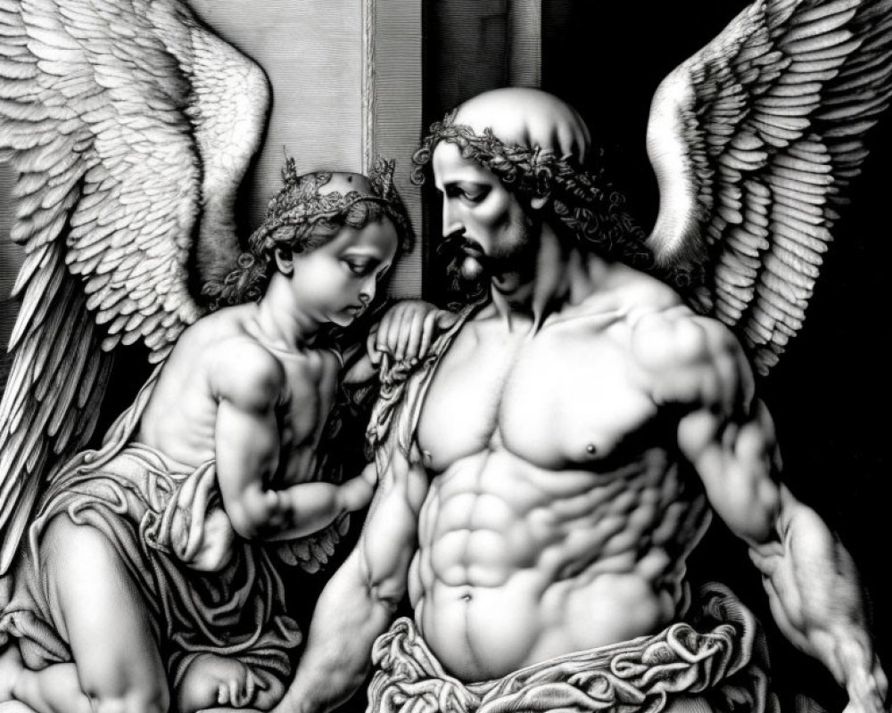 Monochrome depiction of angelic child and winged man in tender pose