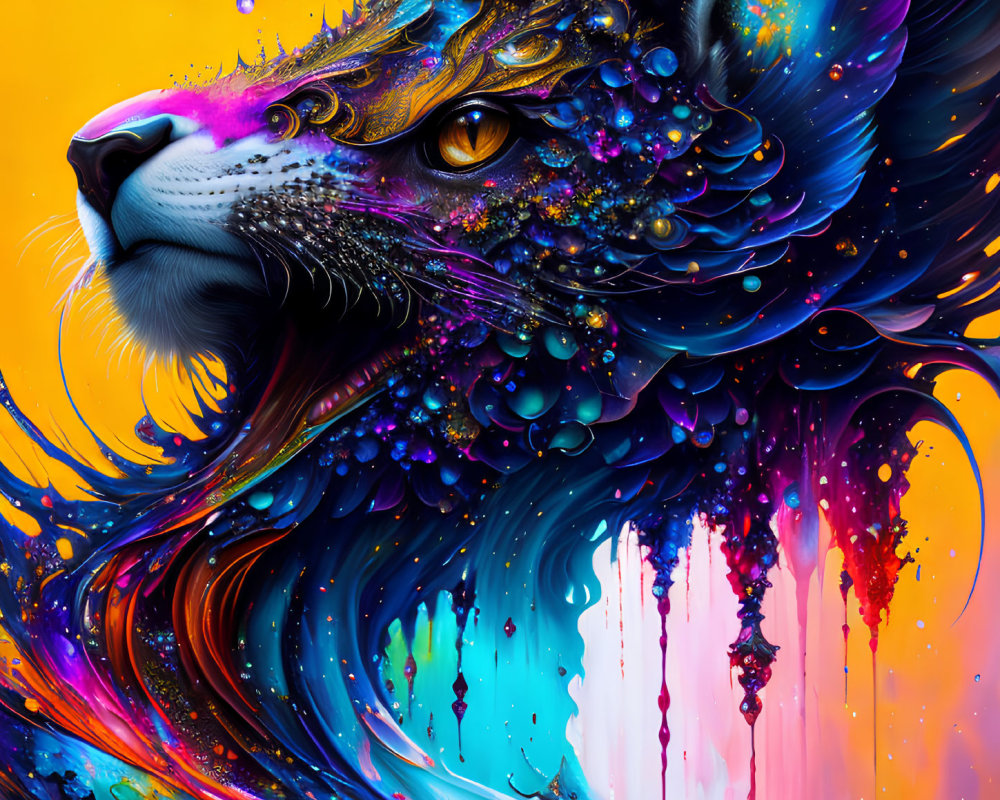 Colorful lion artwork with neon swirls on orange background