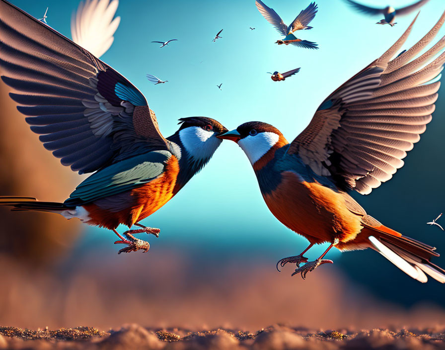 Colorful birds in flight against blue sky with distant flock.