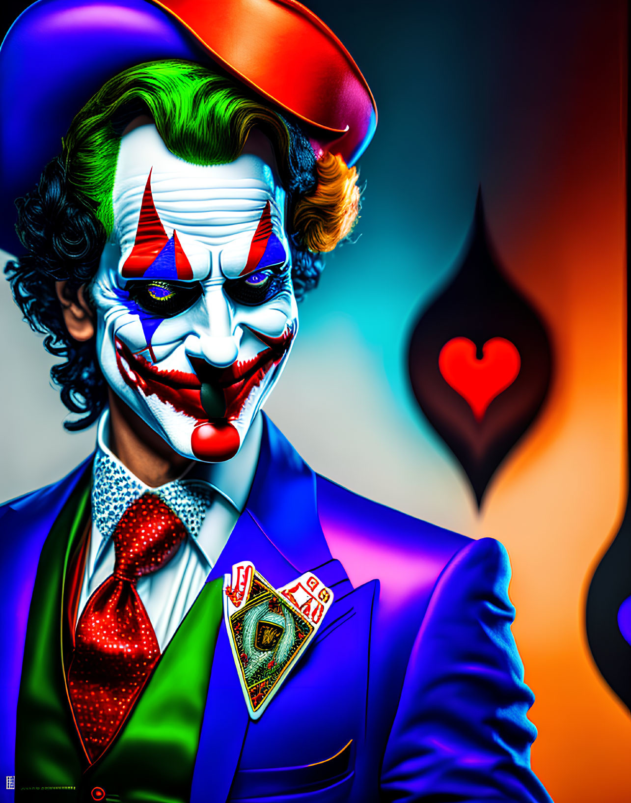 Colorful Joker Character with Clown Nose and Green Hair in Playing Card Suit