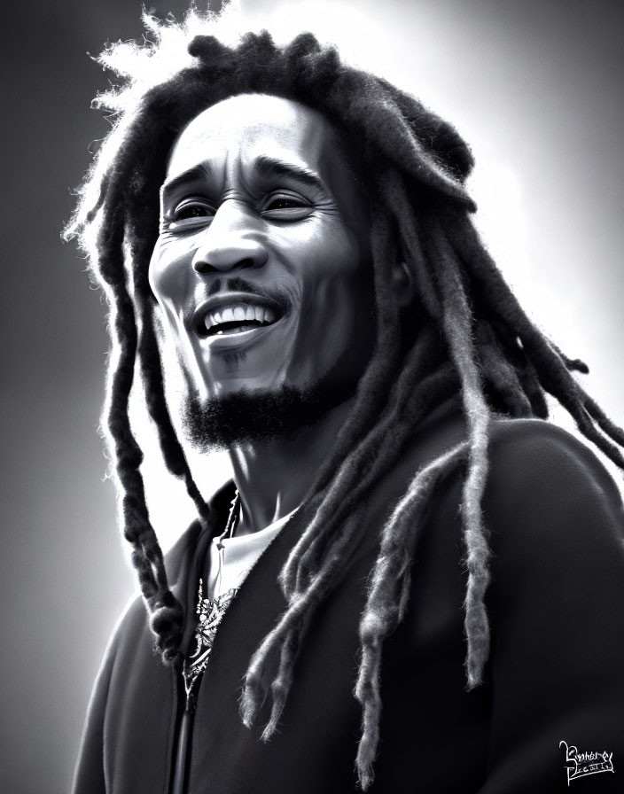 Smiling Man with Dreadlocks in Black and White Illustration