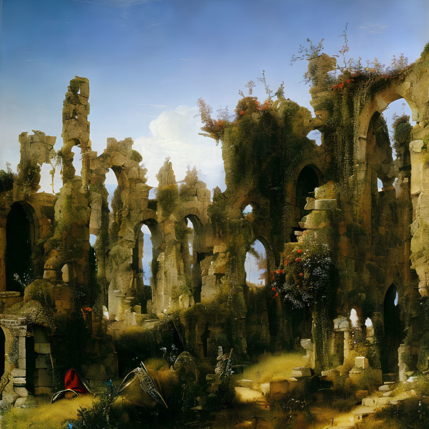 Ancient ruins painting with overgrown vegetation and figures