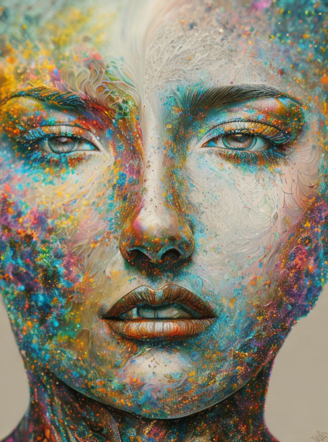 Colorful portrait of woman with paint splatters and textures on face