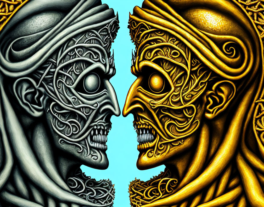 Symmetrical Silver and Gold Toned Faces with Mechanical Features