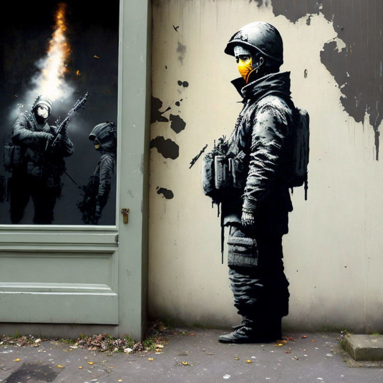 Realistic soldier mural with reflective visor and squad scene in flames