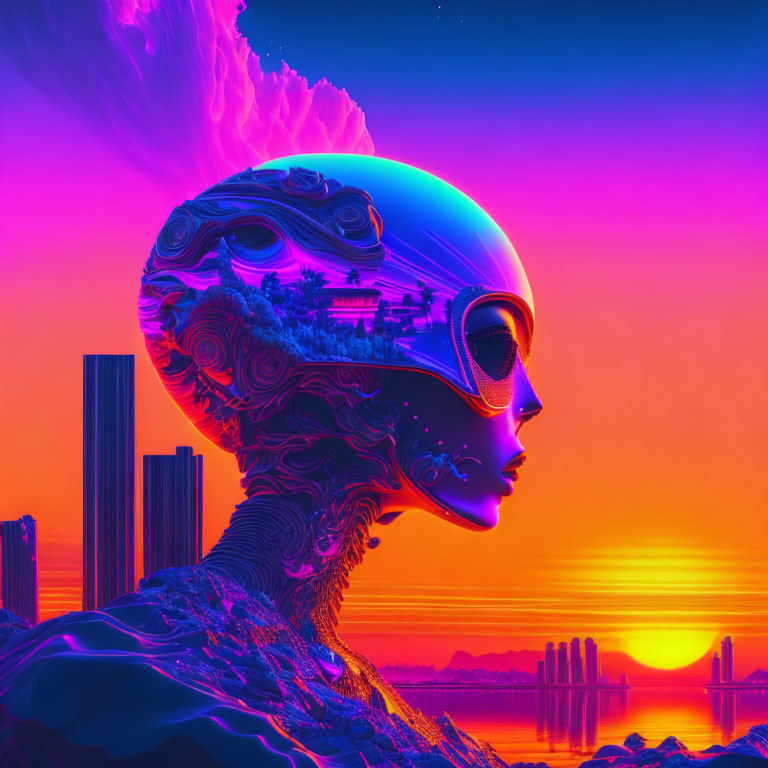 Digital artwork: humanoid robot head with tree brain in neon cityscape